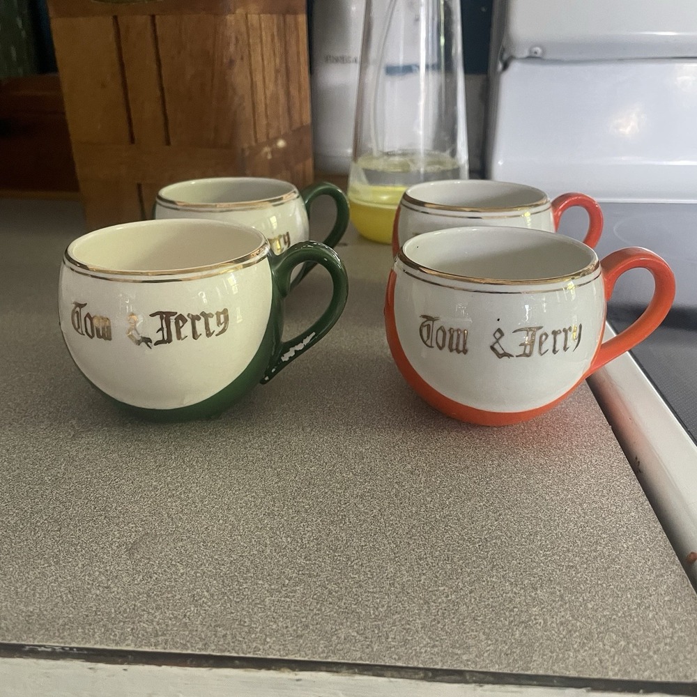 Vintage Hall Tom and Jerry Ball Shaped Mug Punch Cup Green & Orange Set Of 4